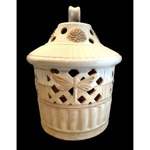 Vintage Yankee Candle Stoneware Lantern with Dragonfly & Floral Design Beige